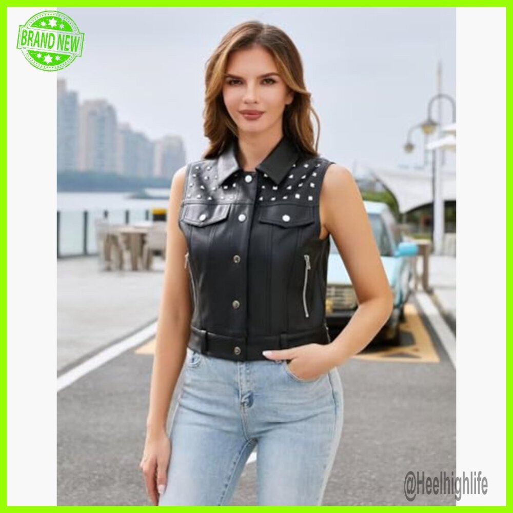 Faux Leather Biker Vest with Rivet Details, Sleeveless Fitted Waistcoat - Picture 2 of 6